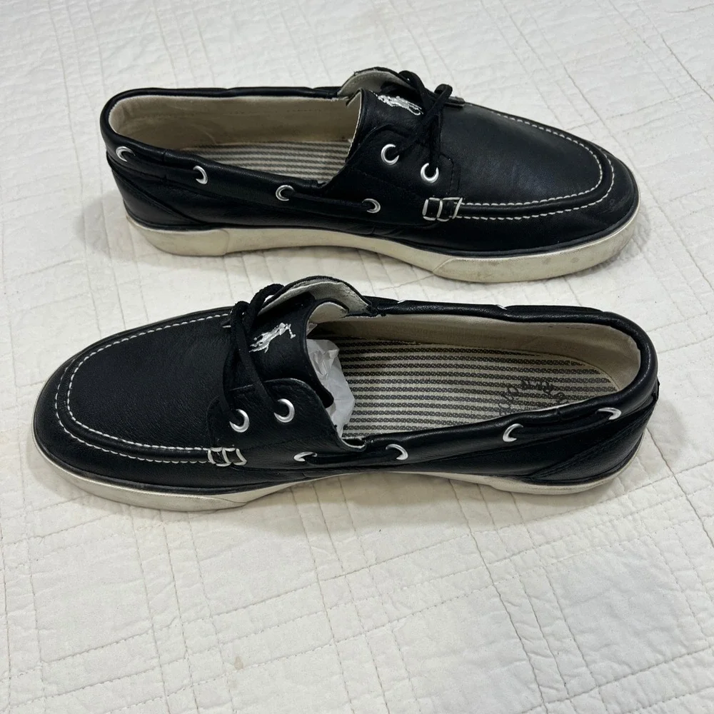 Polo Ralph Lauren Sander Mens Black Leather Boat Shoes Loafers Size 10D 00000859